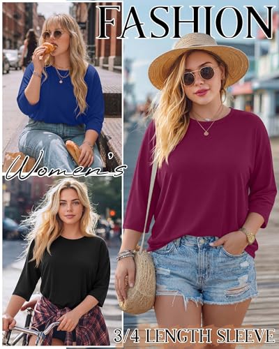 Image of Locoowai 3 Pack Women Plus Size Tops 3 /4 Sleeve Cotton Crew Neck Oversized T Shirts Loose Fit Tee Tunic Casual Blouse