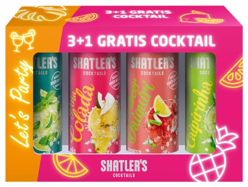 Shatler\'s Partypack | 3+1 Gratis | Fruchtig-spritzig | Piña Colada + Caipirinha + Mojito + Erdbeer Daiquiri | 4 x 250ML | 10,1{6b24e0125bf49fc27e035f578c0adc8eb746ee8b51d62abe9c1ebe9302a3183b} Shatler\'s Partypack | 3+1 Gratis | Fruchtig-spritzig | Piña Colada + Caipirinha + Mojito + Erdbeer Daiquiri | 4 x 250ML | 10,1{6b24e0125bf49fc27e035f578c0adc8eb746ee8b51d62abe9c1ebe9302a3183b}