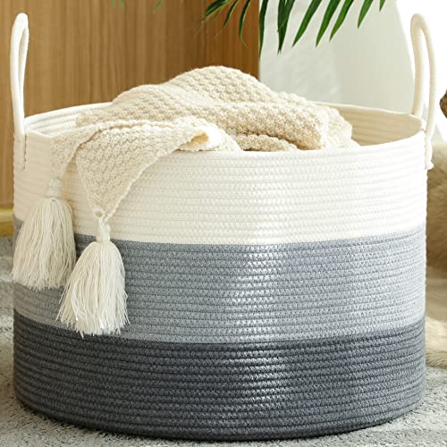 Image of KAKAMAY Large Blanket Basket (20"x13"),Woven Baskets for storage Baby Laundry Hamper,Cotton Rope Blanket Basket for Living Room, Laundry, Nursery, Pillows, Baby Toy chest with Handles (White/Grey)