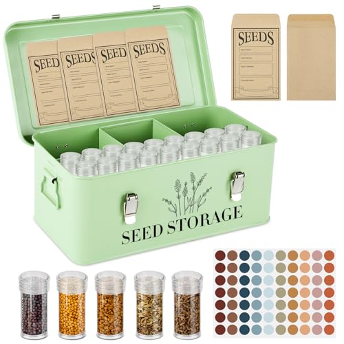 Himake 60 Slots Seed Storage Box with 4 Dividers, Metal Seed Storage Organizer Saving Box, Seeds Packet Container, Professional All-in-one Kit with 60 Seeds Envelopes and Label Stickers