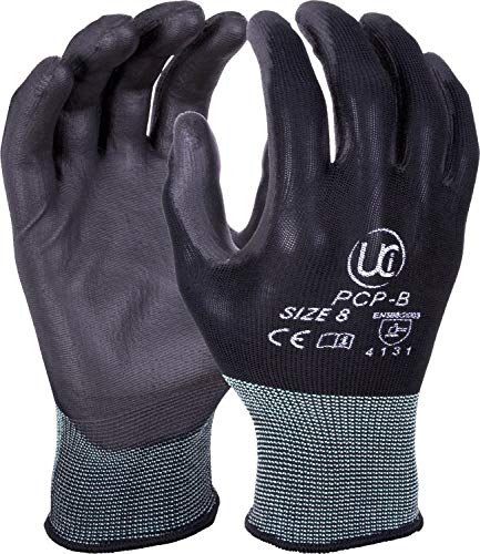 PCP-B PU Coated Work Gloves X 10 works Of Your Chosen Size (UK Size 7 Small X 10 works), Black, Size 7 (Pack of 20)