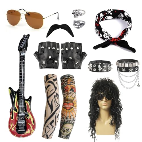 BIBARAJM 10 Pcs Rocker Costume Mens Wigs Black Curls Disco Costume Mens Party Costume Men with Wigs Sunglasses Beards Sleeves Gloves Headscarves for 70s 80s 90s
