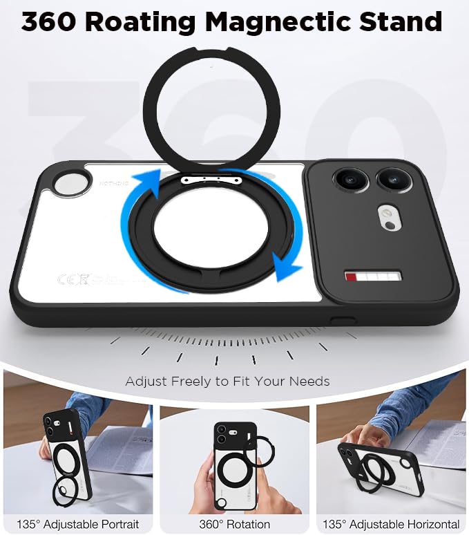 Image of RIGGEAR Shockproof Sleek Hybrid Armor 360 Rotating Magnetic Ring Stand Back Cover Case Compatible with MagSafe Accessories for Nothing Phone 4b 5G (Clear PC + Black TPU Bumper)
