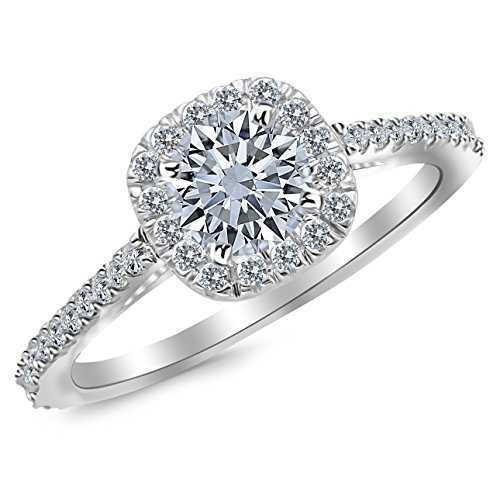 14K White Gold 1.25 Carat LAB GROWN DIAMOND Gorgeous Classic Cushion Halo Style Round Cut Diamond Engagement Ring (D-E Color VS1-VS2 Clarity 0.75 Ct Center)