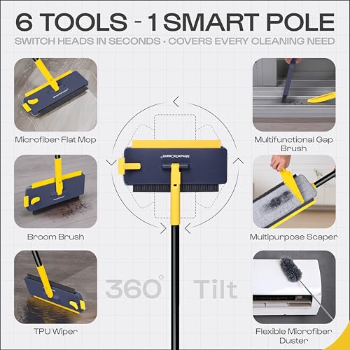 Image of MinuteToCleanIt 6-in-1 Floor Cleaning Kit - Microfiber Mop with Wiper, Jhadu, Scraper, Duster & Gap Brush - Wet & Dry Pocha Set with 360 Rotation, Stainless Steel Handle for Home, Kitchen, Bathroom