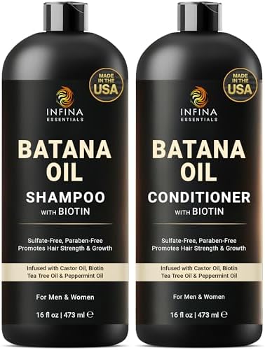 INFINA ESSENTIALS Batana Oil Shampoo and Conditioner Set | 16 fl oz Each | with Biotin & Tea Tree | Moisturizing, Strengthening & Nourishing Formula | Promotes Hair Growth and Thickness