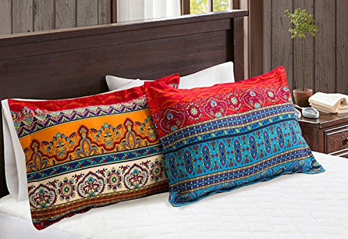 Couturebridal Boho Sheet Set Queen Size 4 Piece Soft Brushed Microfiber Red Blue Bohemian Striped Pattern Bed Sheets Set With 16 Inches Deep Pocket Fitted Sheet,1 Vintage Flat Sheet And 2 Pillowcases #TOP4