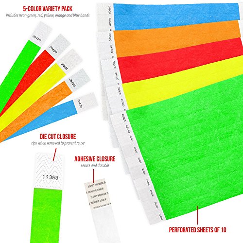 Wristco Variety Pack ¾” Tyvek Wristbands – 2,500 Pack | Green, Yellow, Red, Orange, Blue | Waterproof Paper Bracelets For Concerts & Events #TOP1