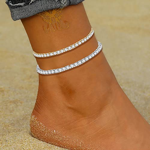 Sora Tuki Tennis Ankle Bracelets For Women Silver Anklets For Women Tennis Anklet Silver Rhinestone Anklet Crystal Anklet Diamond Anklets For Women Silver Anklet Bracelet Feet Jewelry #TOP4