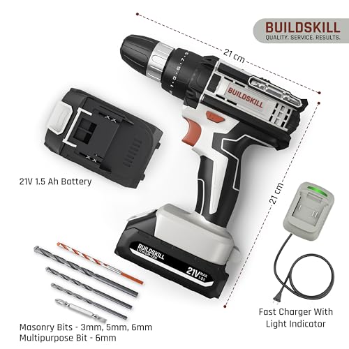 Image of BUILDSKILL 21V Cordless Drill Machine for Home Use | Impact Drill with 10MM Keyless Chuck | 1.5 Ah Single Battery | Charger | Variable Speed | LED Light | Forward & Reverse Motion | 6 Months Warranty