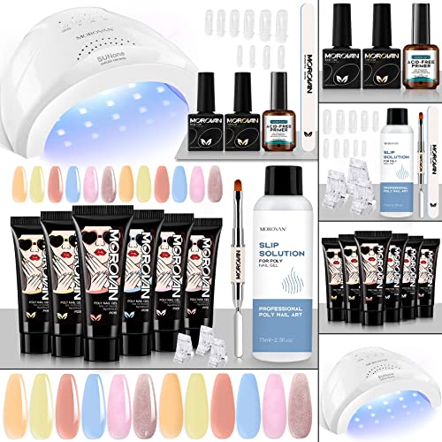 Morovan Poly Gel Nail Kit - 6 Colors Poly Nail Gel Kit with 48W Nail Lamp Slip Solution Base Coat Top Coat DIY Nail Starter Kit For Nail Art Manicure DIY at Home Salon