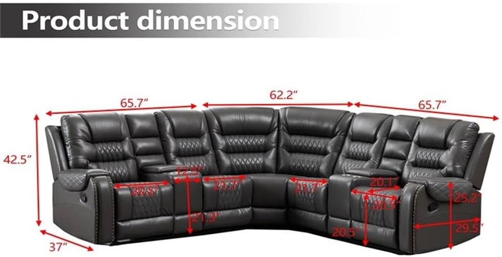 Pemberly Row Manual Recliner Sectional Sofa Set, PU Leather L-Shaped Couch, Gray, Spacious Seating with Cup Holders and Storage Box, Durable Frame, Comfortable Living Room Furniture