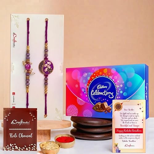 Image of eCraftIndia Set of 2 Purple Floral & Pearl Designer Rakhis for Brothers with Chocolate, Cadbury Celebrations Gift Pack of 7 Assorted Chocolates, Rakhi with Chocolate, Roli Chawal Pack
