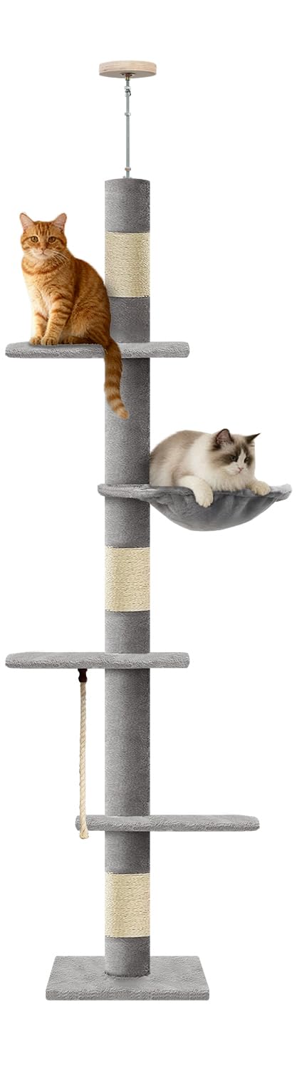 Cat Tree 5-Tier Floor to Ceiling Cat Tower with Cozy Hammock, 89-109 Inch Adjustable Height, Sisal Scratching Post, Provides Vertical Enrichment for Jumping & Climbing, Grey