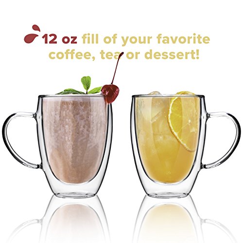 Glass Coffee Mugs Drinking Glasses Set of 2 with Handle, 12oz Double Walled Thermo Insulated Cups for Tea Latte Cappuccino Espresso - Thumbnail 2