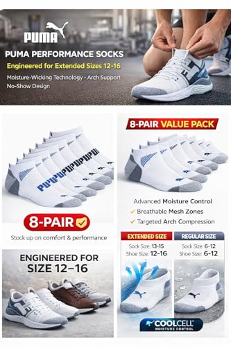 Image of PUMA Men's No show Sport Socks, Moisture Control, Arch Support (8 Pair) (Extended Size - Shoe Size (12-16), White)