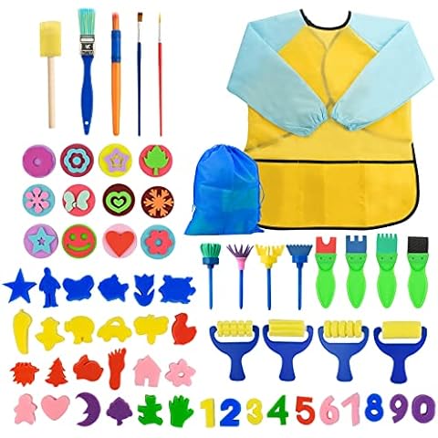 Surplex 65 pcs Sponge Paint Brushes Kits Kids Painting Set for Kids Early DIY Learning Children Doodle, Include Waterproof Apron, Foam Brushes, Pattern Brushes Set Cover