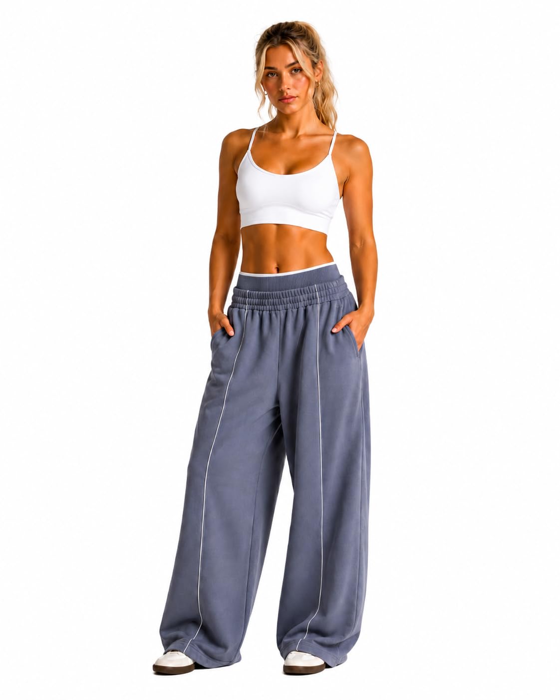 MotionClub x Teveho Wide Leg Jogger Damen High Waist Jogginghose Oversize Sweatpants Loungehose Freizeithose Fitnesshose mit Taschen Sommer Athleisure Streetwear Loose Fit