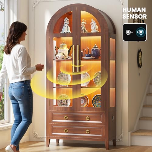 Image of LVSOMT 71 inch Arched Display Cabinet with Glass Doors and Lights, Walnut
