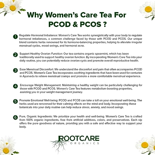 Image of Rootcare Organics Women's Health Care Ayurvedic Herbal Tea|For Pod & Pcos|100% Pure Natural Herbs|Tulsi Ashok Chaal Shatavari Gokhru Chamomile And 9 Other Herbs And Spices (Pack Of 1 Month) 100g
