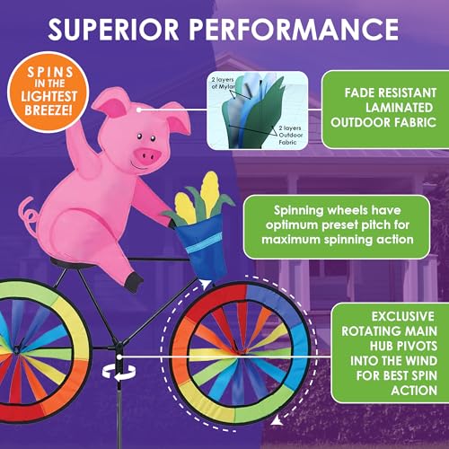 Bike Spinner Pig 30\" – Farmyard Animal Design, Weather-Resistant Outdoor Decor, Durable & Lightweight for Patios, Yards, and Gardens - Eye-Catching Wind Spinner with Rotating Wheels