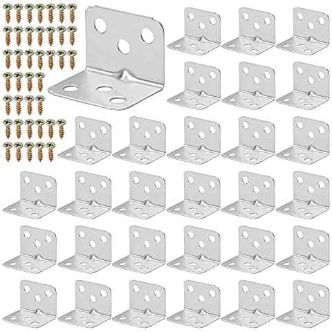 Corner Brackets, Stainless Steel L Shape Brackets, Right Angle Bracket for Wood Furniture Fixation 30 Packs with 120 Screws (Silver 36 x 27mm) Cover