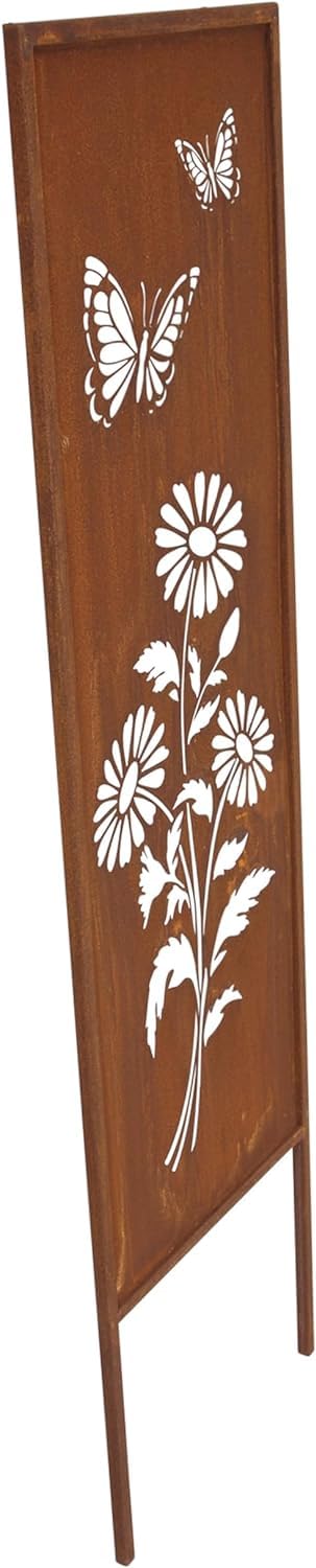Plaque décorative en métal « Fleurs et papillons » avec finition en rouille véritable, 117 cm de haut, plaque décorative pour jardin, piquet de jardin