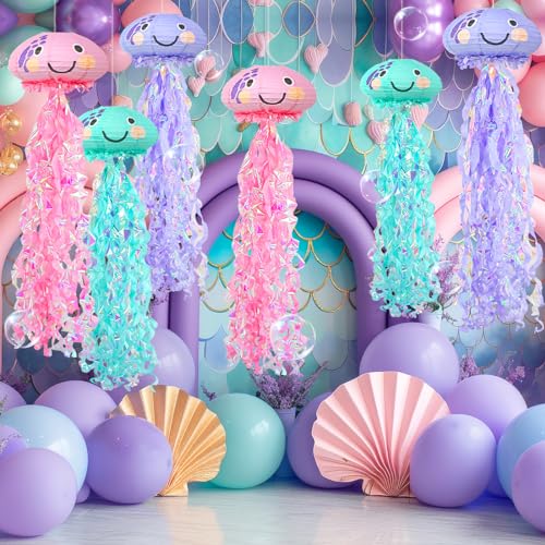 Image of Jelly Fish Paper Lanterns Set, 6Pcs Jellyfish Hanging Lantern for Mermaid Under The Sea Ocean Birthday Party Decorations Baby Shower Room Decor(6Pcs)