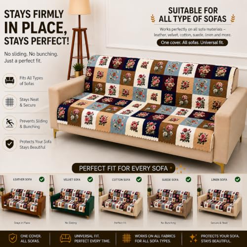 Image of Homerz Premium Printed Quilted Velvet Sofa Slip Cover Protector, Sofa Mat, Exact Size, Antislip Cover (Milan, 3 Seater, Full)