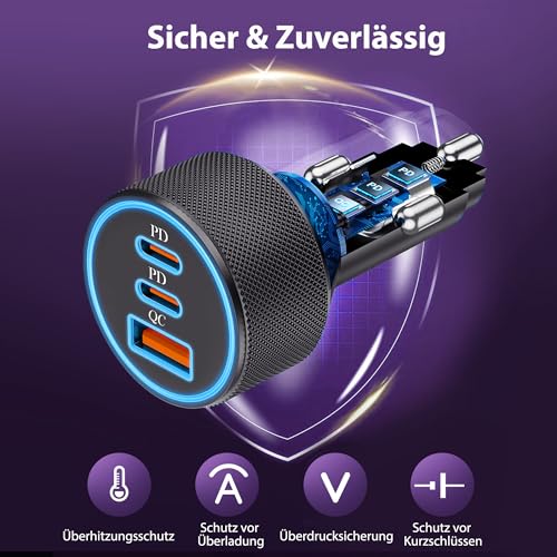67W 3-Port Zigarettenanzünder USB C, Dual USB-C & USB-A Auto Ladegerät PD/QC kfz Schnellladegerät 12V USB Adapter für iPhone 17/Air/16/15/14/13/Pro Max/16e, Samsung Galaxy S25/S24/S23, Pixel 9/8, iPad – Bild 4