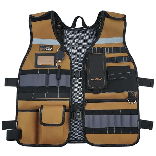 MELOTOUGH Tool Vest for Men Reflective Safety Tool Vest with Removable Phone Holder Retractable Pen Holder for Electrician Construction Carpenters Handyman(Khaki)