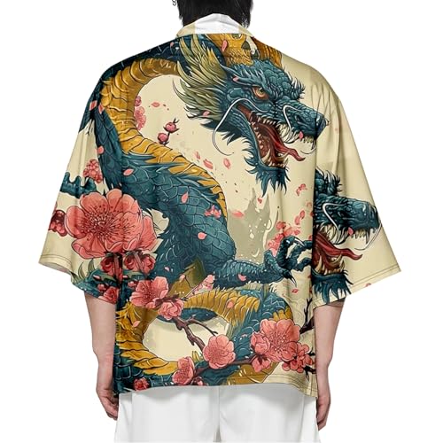Image of DOSLAVIDA Men's Japanese Kimono Cardigan Suit Chinese Style Printed Jacket Pants Set Open Front Seven Sleeve Top & Shorts