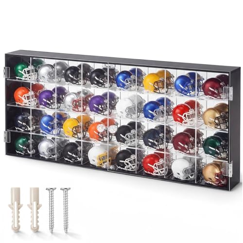 Leinuosen 32 Acrylic Pocket Size Helmet Display Case for Pocket Football Helmets Mini Baseball Helmets Stand Display Cabinet Holder Rack Wall Mount with Clear Double Door 22 x 8.6 x 2 Inch 4x8 Grid