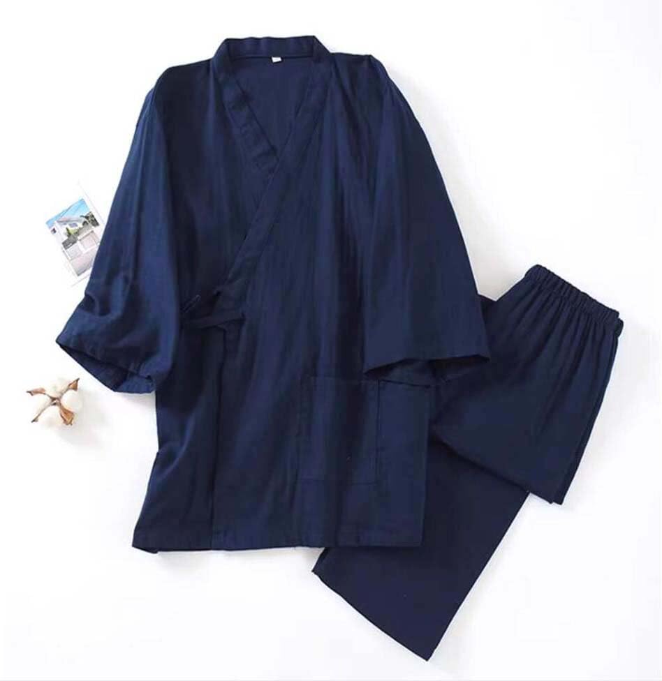 Fendawn Strive Classical Simple Japanese Style Cotton Bathrobe Pajamas Kimono Casual Clothes Unisex, Medium, Navy Blue4