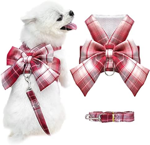 AXIIJGL Dog Harness for Small Dogs with Bow Small Harness for Girl Dogs with D-Ring Soft Mesh Adjustable Harness Set Puppy Pet Harness and Leash for Small Dogs Cats (Red S)