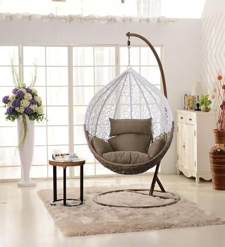 Image of Single Seater Swing Chair with Stand & Cushion Outdoor Indoor Balcony Garden Patio, Powder Coated Frame, UV-Protected Wicker, Premium Cushion, Swing Chair (Brown-Cream)