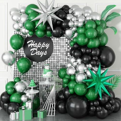 Image of Black and Green Silver Balloon Arch Kit with Explosion Star Balloons, 105pcs Emerald Forst Green and Chrome Metallic Silver Balloons Garland for Wedding Birthday Football Graduation Party Decorations