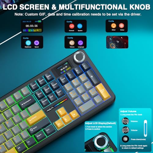 AULA F108 Pro Wireless Gaming Keyboard,Full Size Mechanical Keyboards with Display&Knob,2.4G/BT5.0/USB-C,Five Layers Filling,8000mAh,RGB,Creamy Sound,Hot Swappable Custom Keyboard (Grey&Yellow) - Image 5