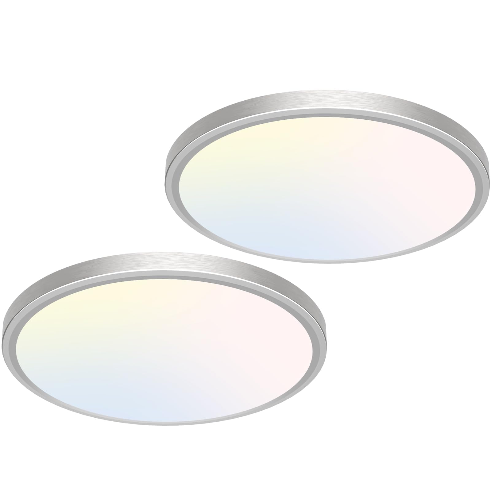libtit 12 inch Flush Mount LED Ceiling Light Fixture, 3000K 4000K 6500K Adjustable, 28W 3200lm Brushed Nickel Satin Round Ceiling Lamp for Bathroom Hallway Kitchen Bedroom, 2 Pack