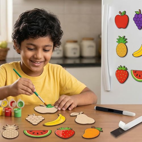 Image of ImagiVibe Paint Your Own Fruits Fridge Magnet Kit for Kids | 9 MDF Cut-Outs DIY Painting Activity with Colours & Brush | Creative Screen-Free Art & Craft Kit | Made in India (Fruits)