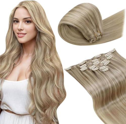 Image of LaaVoo Long Clip in Hair Extensions Blonde Real Human Hair Clip in Extensions Dark Ash Blonde Highlights Light Blonde 20 Inch 7pcs 150g
