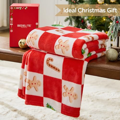 Image of BEDELITE Christmas Blanket Twin Size - Red and White Checkered Holiday Throw with Gingerbread Man, Candy Cane & Christmas Tree Pattern, Soft Fleece Christmas Blanket for Home Decor & Gift, 60 inchx80 inch