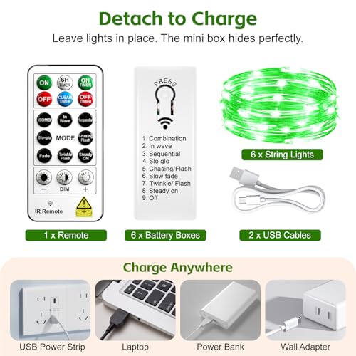 Image of 6 Pack Rechargeable Fairy Lights with Remote & DIY Timer, 7ft 20LED Dimmable Silver Wire String Light for Mason Jar, Mini Twinkle Lights for Indoor Christmas Bedroom Wedding Decor, Green