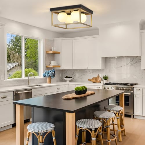 Image of Flush Mount Ceiling Light, 12.6 inch Close to Ceiling Light Fixtures with Globe Glass Shade, 4-Light Black and Gold Light Fixture for Living Room Dining Room Bedroom Kitchen Hallway Entryway