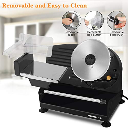 Meat Slicer, Anescra 200W Electric Deli Food Slicer with Two Removable 7.5’’ Stainless Steel Blades and Food Carriage, Child Lock Protection, 0-15mm Adjustable Thickness Food Slicer Machine- Black