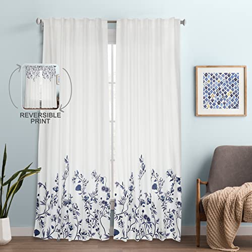 Image of Tranquebar Curtain Co. Cotton Curtains 9 Feet Long Set of 2, 60-65% Room Darkening, Blue Floral Print, 9 Feet Curtains Set of 2, 9 Feet Curtains Set of 2, BackTab Loops, Eden (274 cm) - Set of 2
