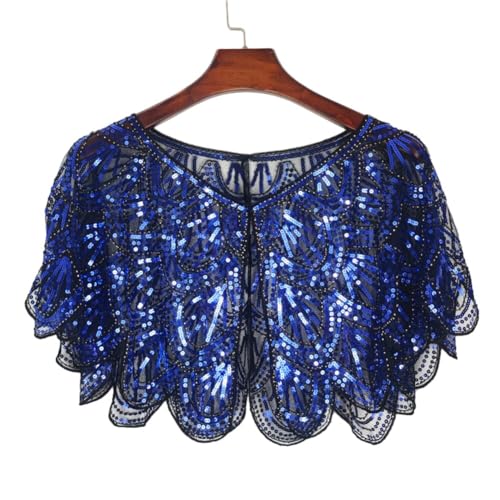 1920s Women’s Shawl Wraps Sequin Beaded Bridal Shawls Flapper Art Mesh Evening Cape Vintage Wedding Fringed Shawl Wrap (Black Blue)2