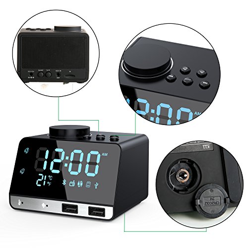 Flightbird Digital Alarm Clock, Digital Desk Comodino, Radio sveglia, Altoparlante Orologio, Termometro interno, Stazione di Ricarica