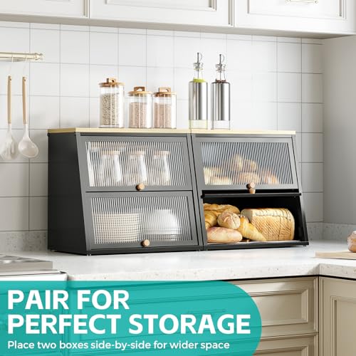 Urackify Large Bread Bin for Kitchen Storage - Black Bread Box | Bread Storage Containers | Breadbin with Striped Window, Wood Handle & Removable Layers | Biscuits & Pantry Items - Cosy Home Interiors Urackify Large Bread Bin for Kitchen Storage - Black Bread Box | Bread Storage Containers | Breadbin with Striped Window, Wood Handle & Removable Layers | Biscuits & Pantry Items - Image 3