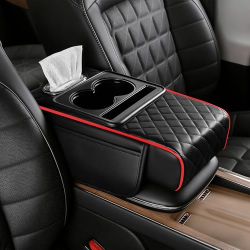 Car Armrest Cushion Car Center Console Cover Leather Armrest Cover for Car Universal Middle Console Cushion with Storage Box Cup Holder Phone Slot Waterproof Interior Accessories (black-red)